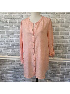 Sigrid Olsen 100% Linen Coastal Tunic Pockets Peach Pink Resort Button Up Large